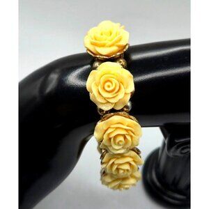 Vintage Celluloid Rose Bracelet Cream Flowers Gold Tone Stretch 1950s